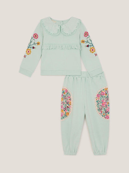 Monsoon Green Baby Embroidered Floral Top & Joggers Set image 1