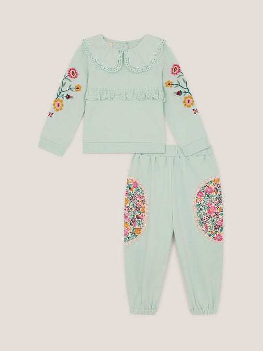Monsoon Green Baby Embroidered Floral Top & Joggers Set image 1