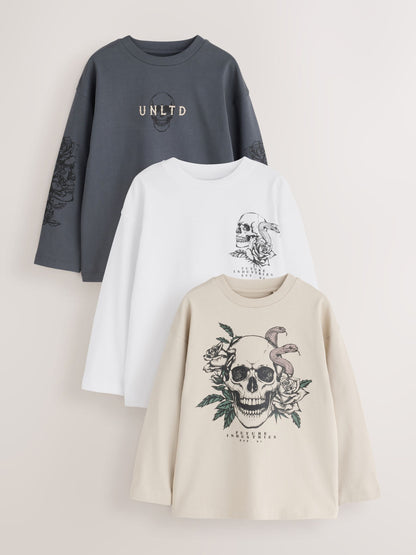 Dsiney Kidz - Grey/White/Cement Graphic Long Sleeve Relaxed Fit T-Shirts 3 Pack (3-16yrs) image 1