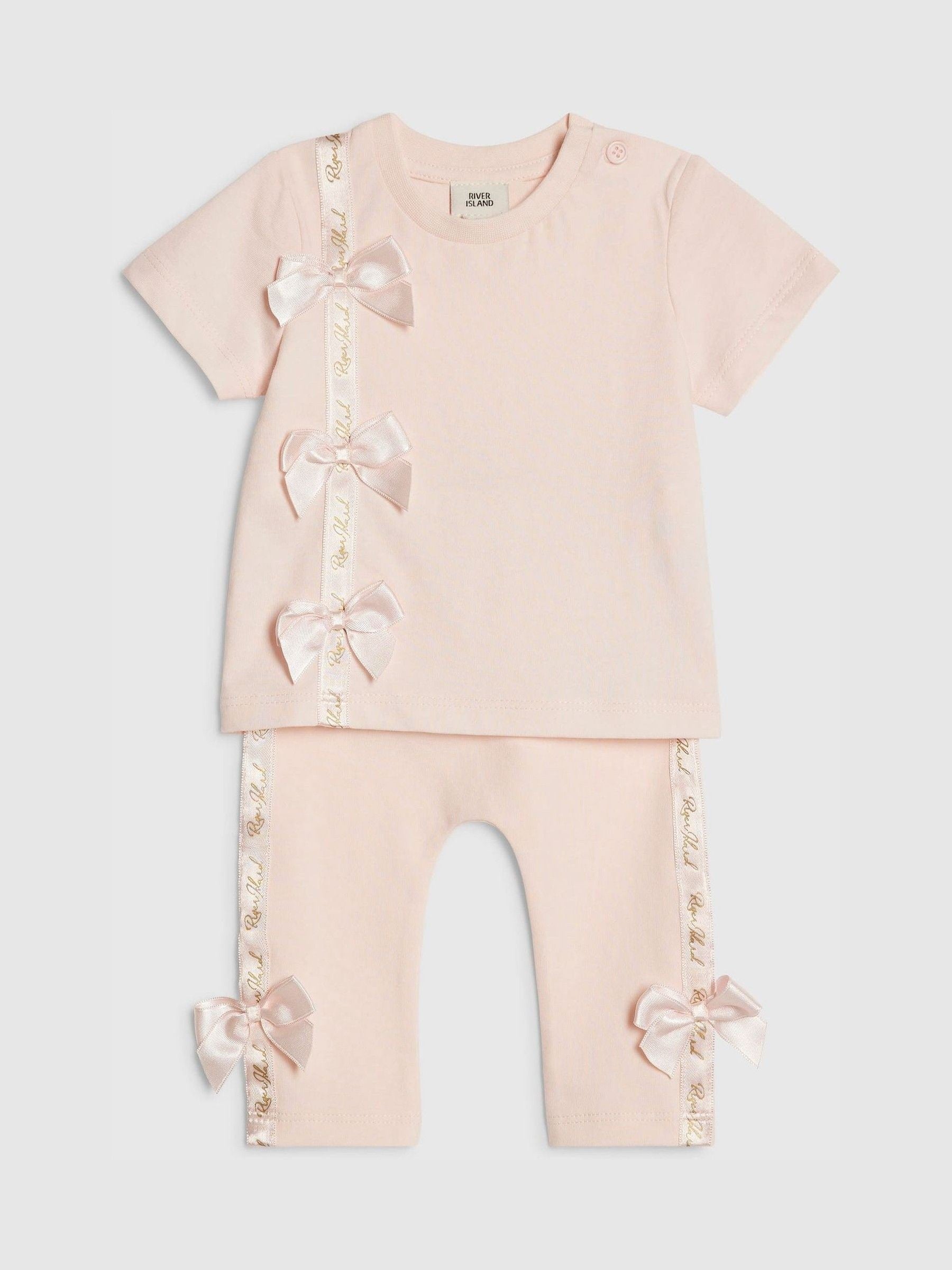 River Island Pink Branded Satin Bow T-Shirt and Leggings Set image 3