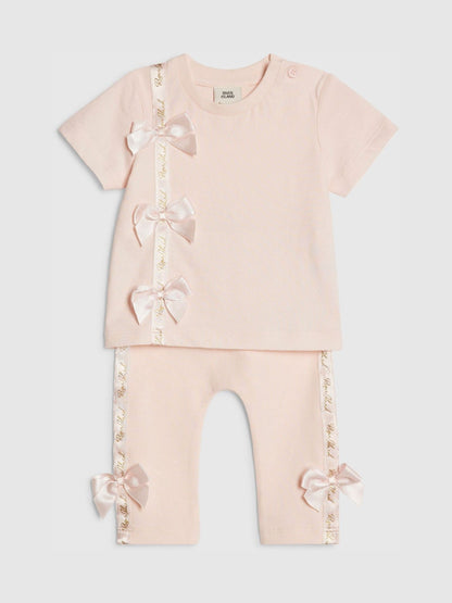 River Island Pink Branded Satin Bow T-Shirt and Leggings Set image 3