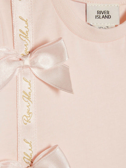 River Island Pink Branded Satin Bow T-Shirt and Leggings Set image 4