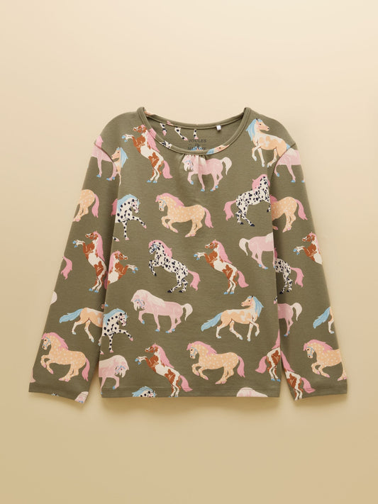 Dsiney Kidz - Joules Girls' Kipwell Khaki Horses Long Sleeve Pyjama Set image 1