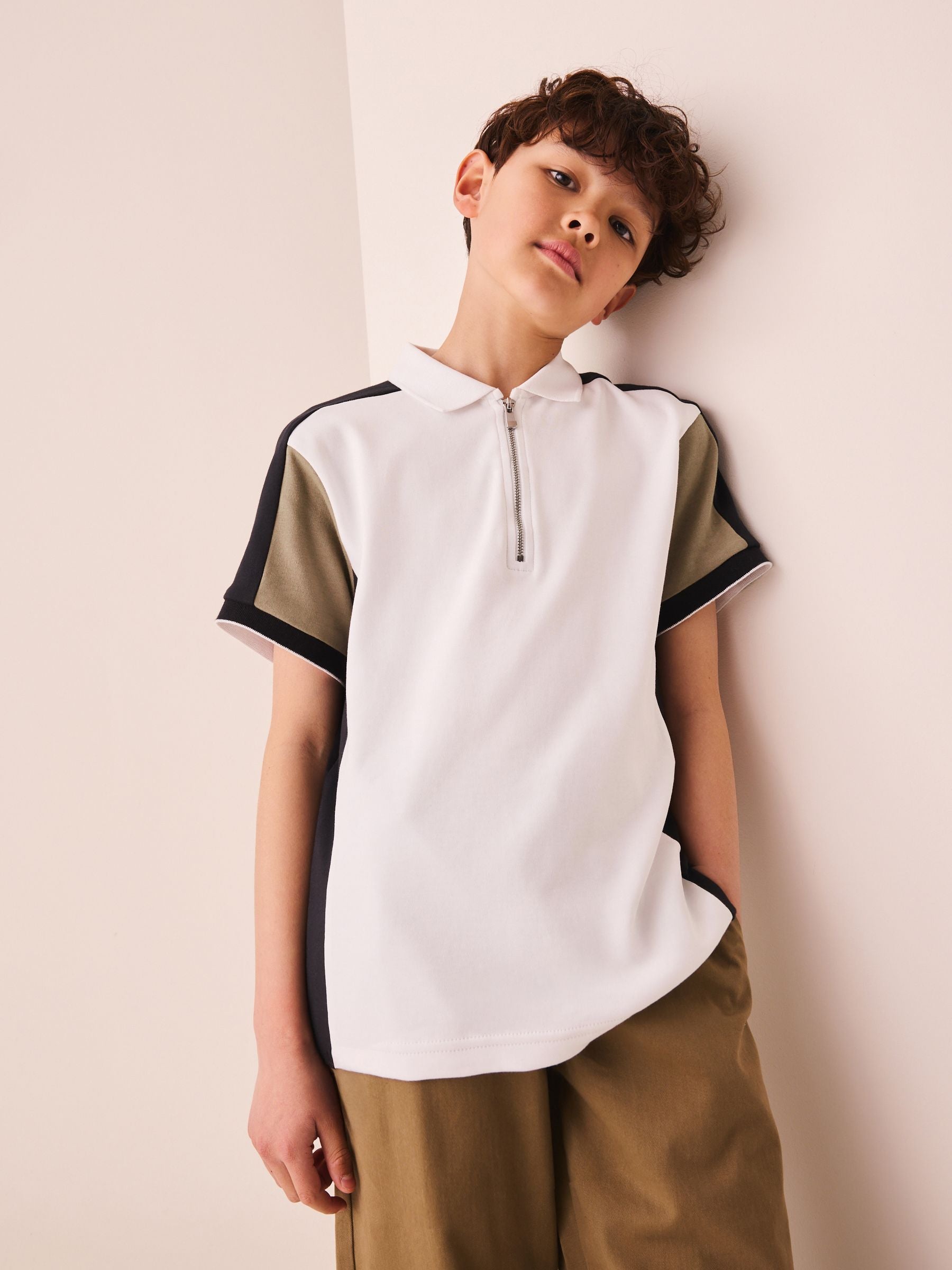 Dsiney Kidz - Black/Tan/White Colourblock Short Sleeve Zip Neck Polo Shirt (3-16yrs) image 1