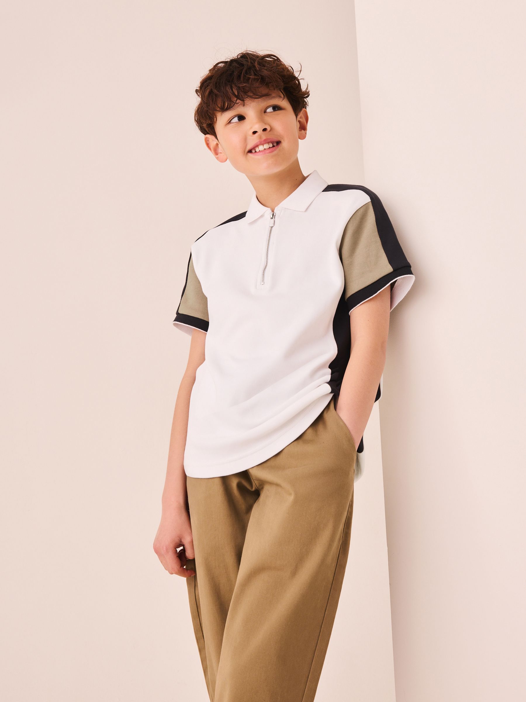 Dsiney Kidz - Black/Tan/White Colourblock Short Sleeve Zip Neck Polo Shirt (3-16yrs) image 2