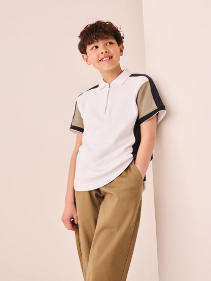Dsiney Kidz - Black/Tan/White Colourblock Short Sleeve Zip Neck Polo Shirt (3-16yrs) image 2