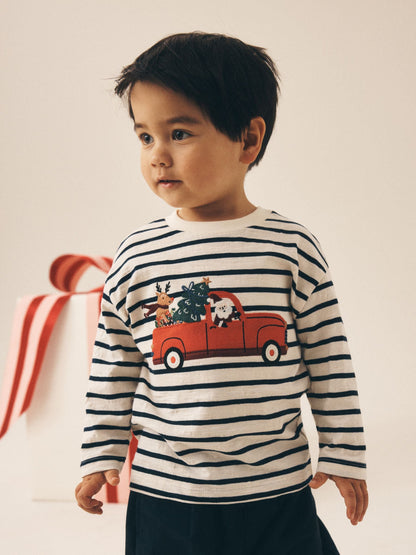 Dsiney Kidz - Navy/White Stripe Applique Santa Car Long Sleeve Christmas T-Shirt (3mths-7yrs) image 1