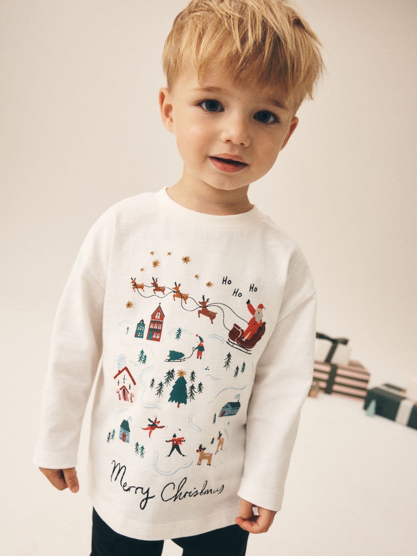 Dsiney Kidz - Cream/White Embroidered Scene Long Sleeve Christmas T-Shirt (3mths-7yrs) image 1