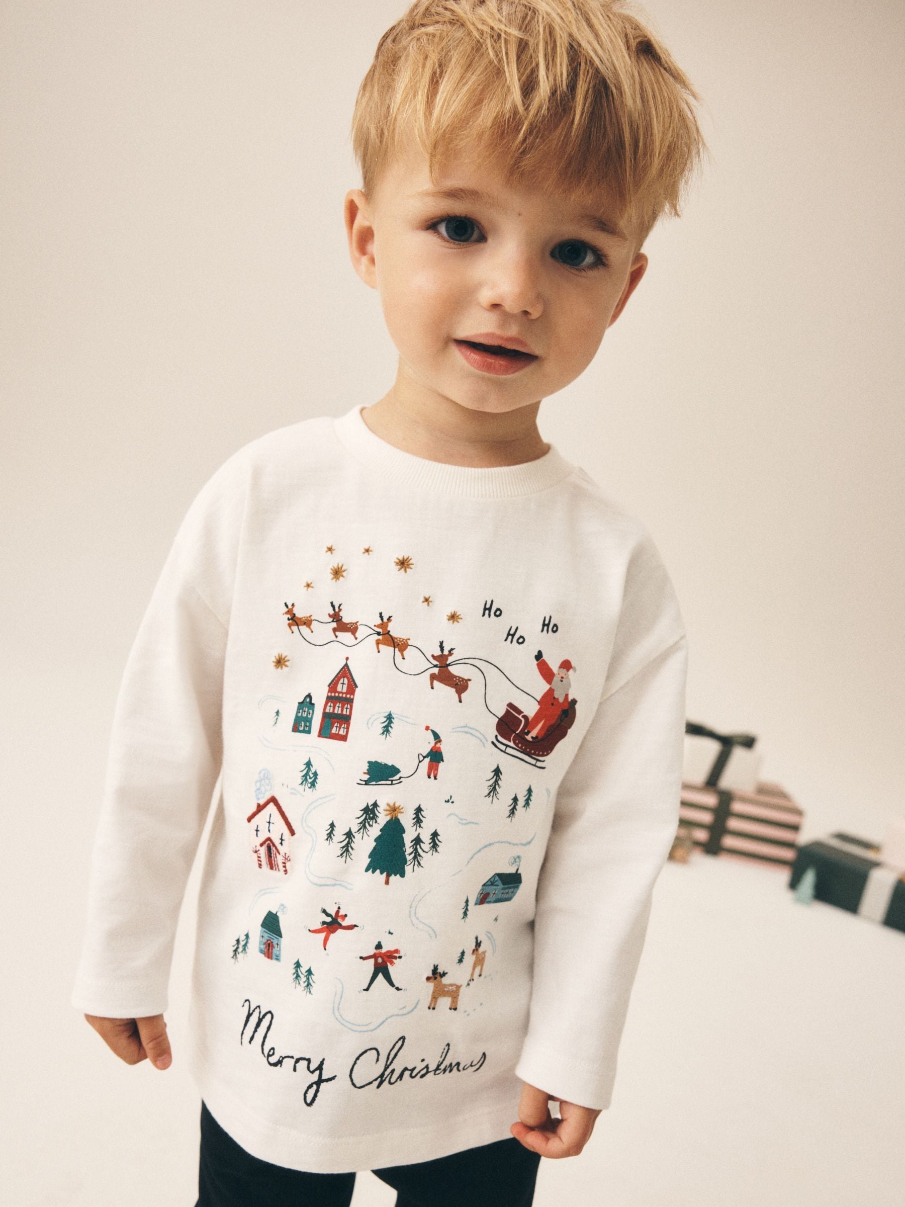 Dsiney Kidz - Cream/White Embroidered Scene Long Sleeve Christmas T-Shirt (3mths-7yrs) image 1