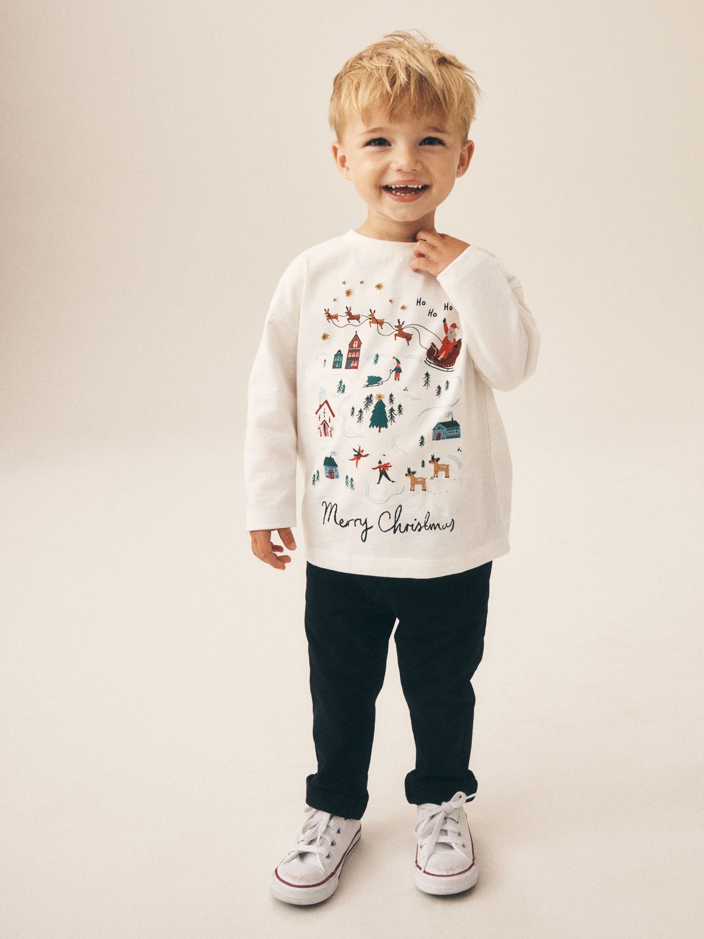 Dsiney Kidz - Cream/White Embroidered Scene Long Sleeve Christmas T-Shirt (3mths-7yrs) image 2