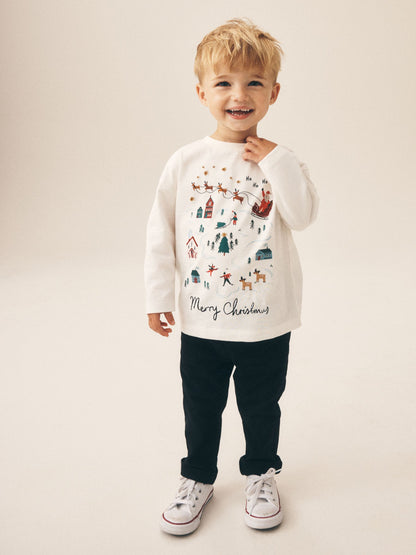 Dsiney Kidz - Cream/White Embroidered Scene Long Sleeve Christmas T-Shirt (3mths-7yrs) image 2