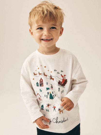 Dsiney Kidz - Cream/White Embroidered Scene Long Sleeve Christmas T-Shirt (3mths-7yrs) image 4