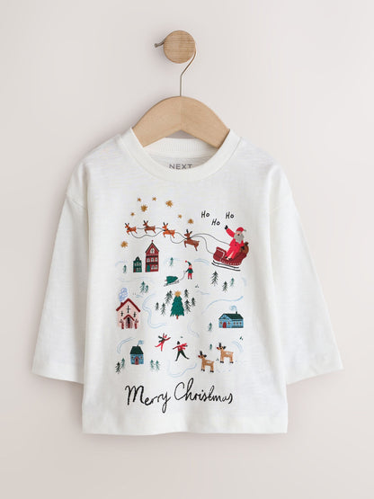 Dsiney Kidz - Cream/White Embroidered Scene Long Sleeve Christmas T-Shirt (3mths-7yrs) image 5
