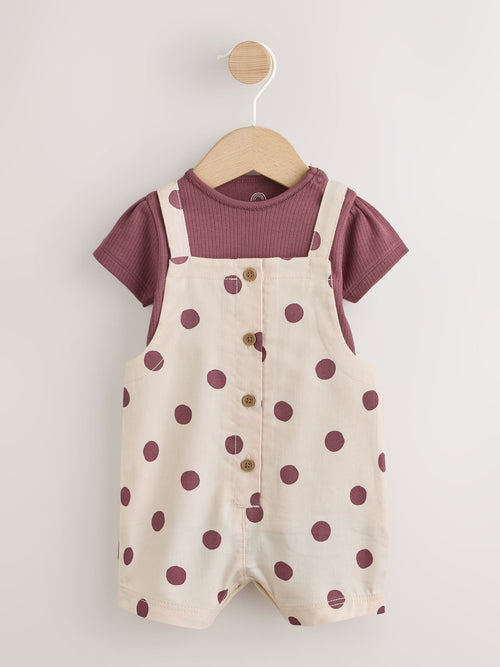 Burgundy/Ecru Spot Woven Baby Dungaree And Bodysuit 2 Piece Set (0mths-2yrs) image 1