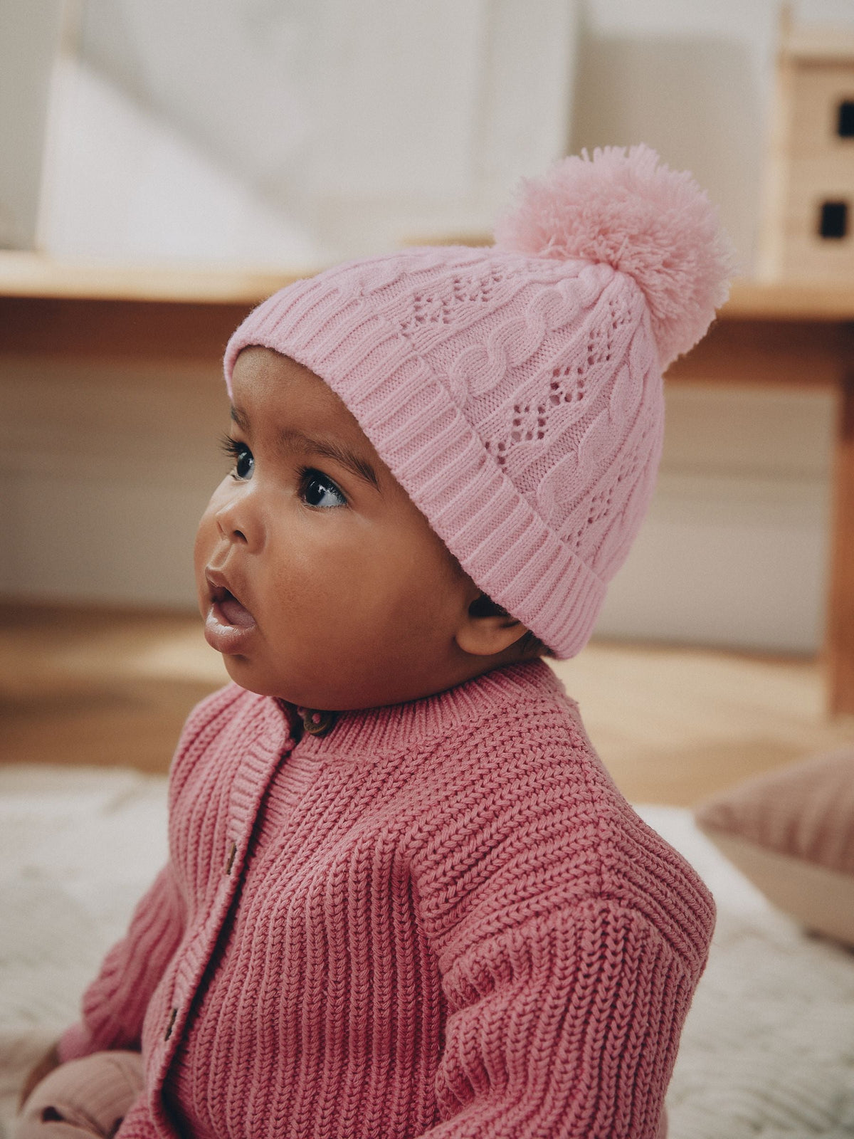Pink Cable Knitted Pom Cable Knitted Pom Baby Beanie Hat - image 1