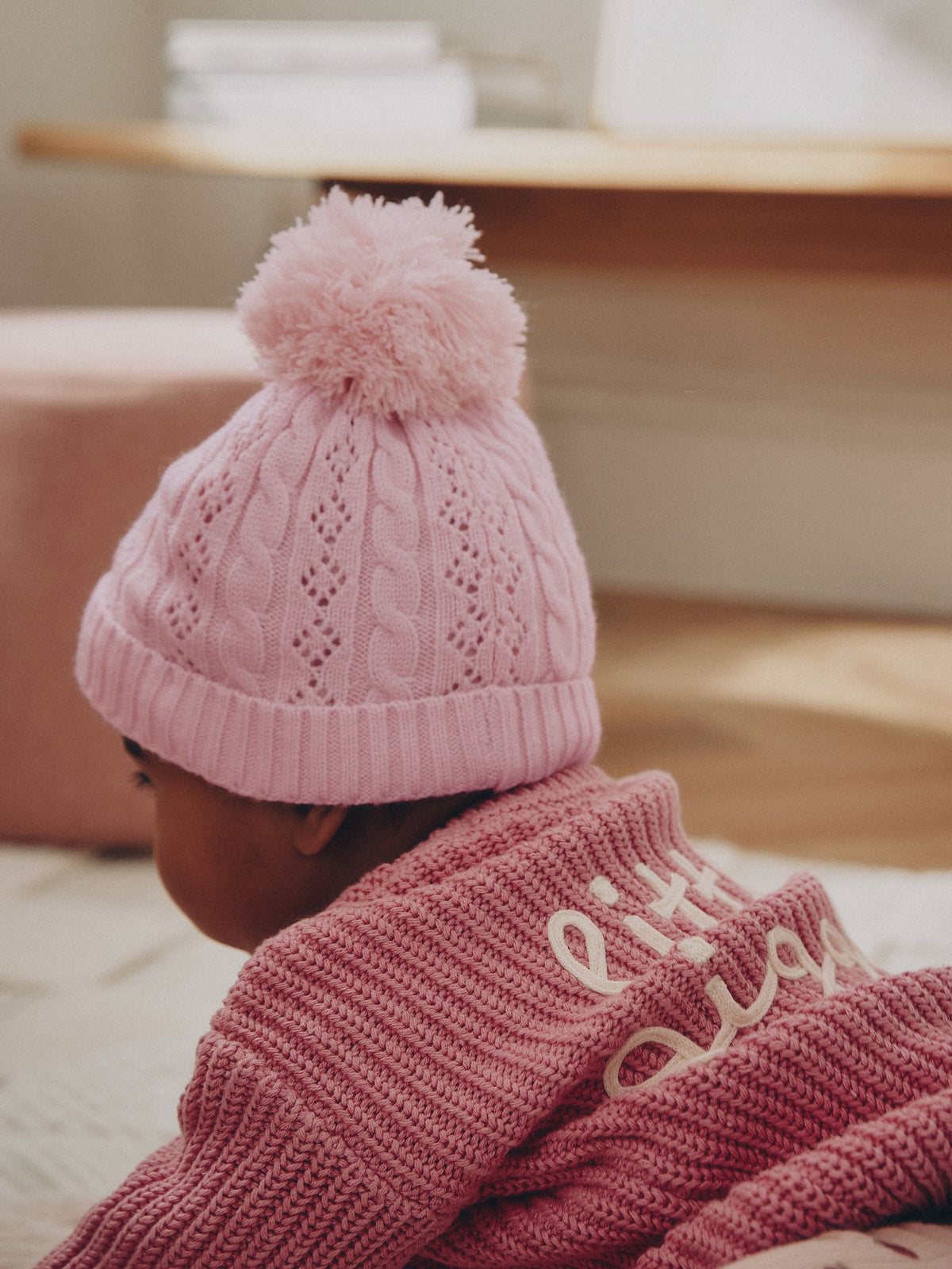 Pink Cable Knitted Pom Cable Knitted Pom Baby Beanie Hat - image 2
