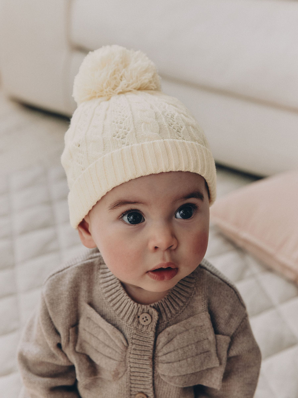Cream Cable Knitted Pom Baby Beanie Hat - image 1
