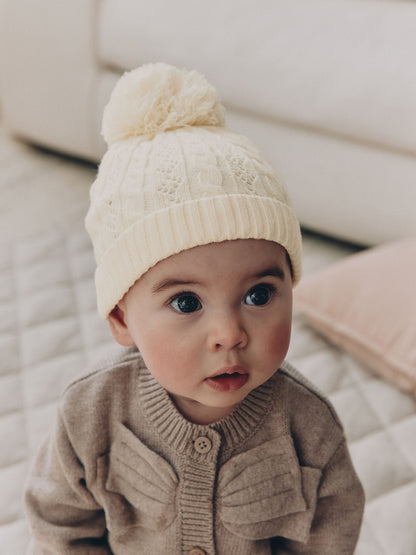 Cream Cable Knitted Pom Baby Beanie Hat - image 1
