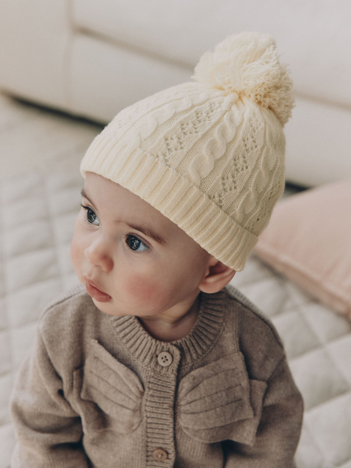 Cream Cable Knitted Pom Baby Beanie Hat - image 2