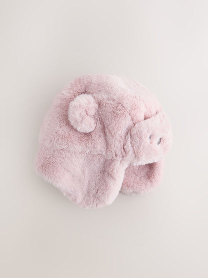 Pink Bear Embroidered Faux Fur Trapper Baby Hat - image 1