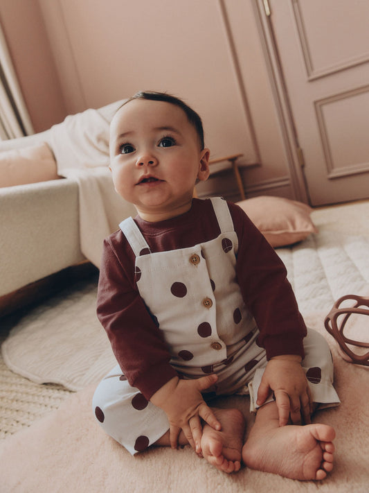 Brown/Cream Spot Baby Long Sleeve Bodysuit And Woven Dungaree 2 Piece Set (0mths-2yrs) image 1