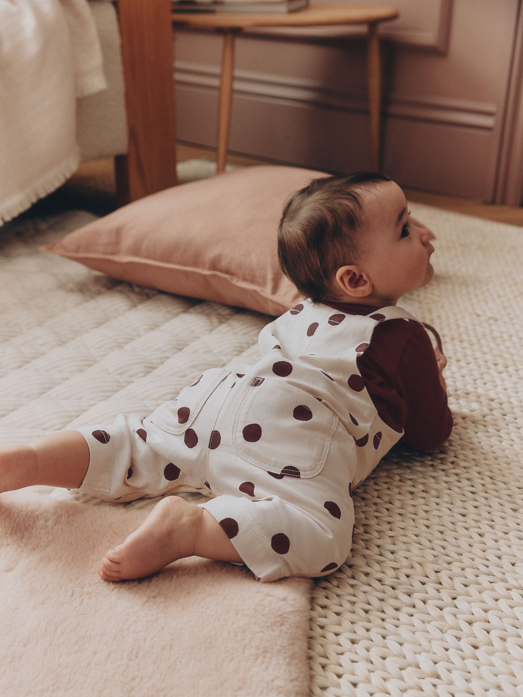 Brown/Cream Spot Baby Long Sleeve Bodysuit And Woven Dungaree 2 Piece Set (0mths-2yrs) image 2