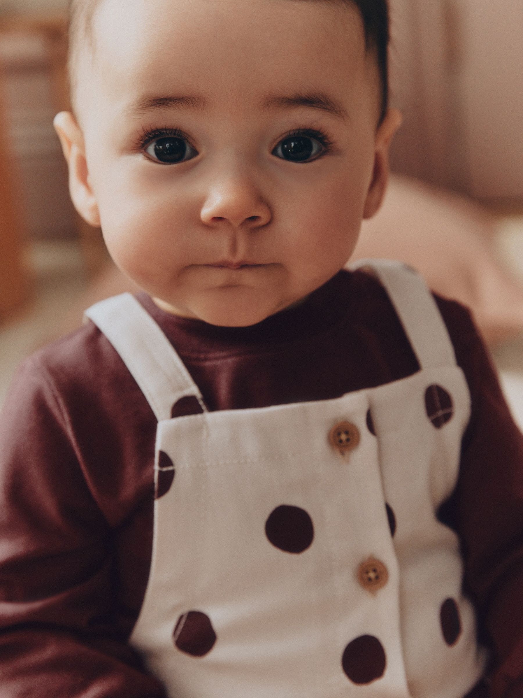 Brown/Cream Spot Baby Long Sleeve Bodysuit And Woven Dungaree 2 Piece Set (0mths-2yrs) image 3