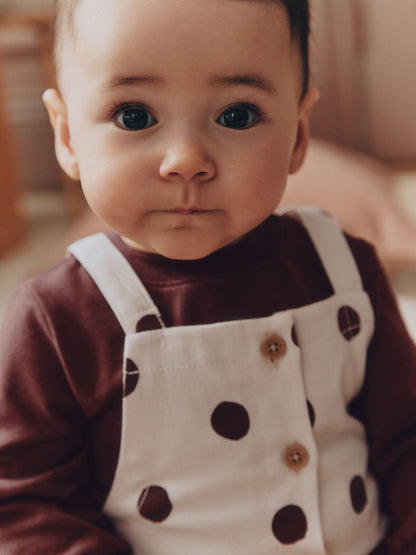 Brown/Cream Spot Baby Long Sleeve Bodysuit And Woven Dungaree 2 Piece Set (0mths-2yrs) image 3