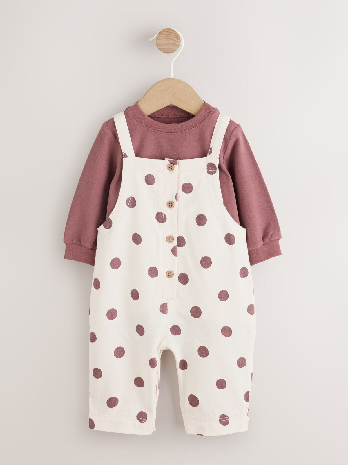 Brown/Cream Spot Baby Long Sleeve Bodysuit And Woven Dungaree 2 Piece Set (0mths-2yrs) image 4