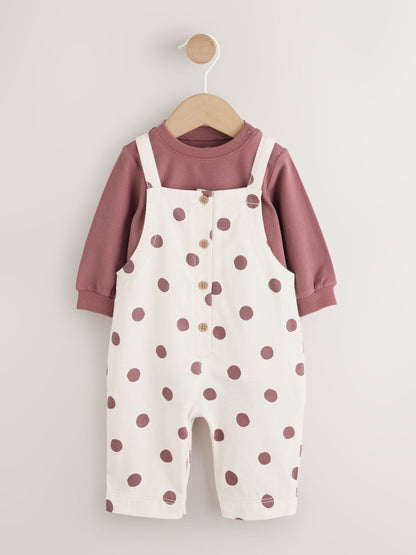 Brown/Cream Spot Baby Long Sleeve Bodysuit And Woven Dungaree 2 Piece Set (0mths-2yrs) image 4