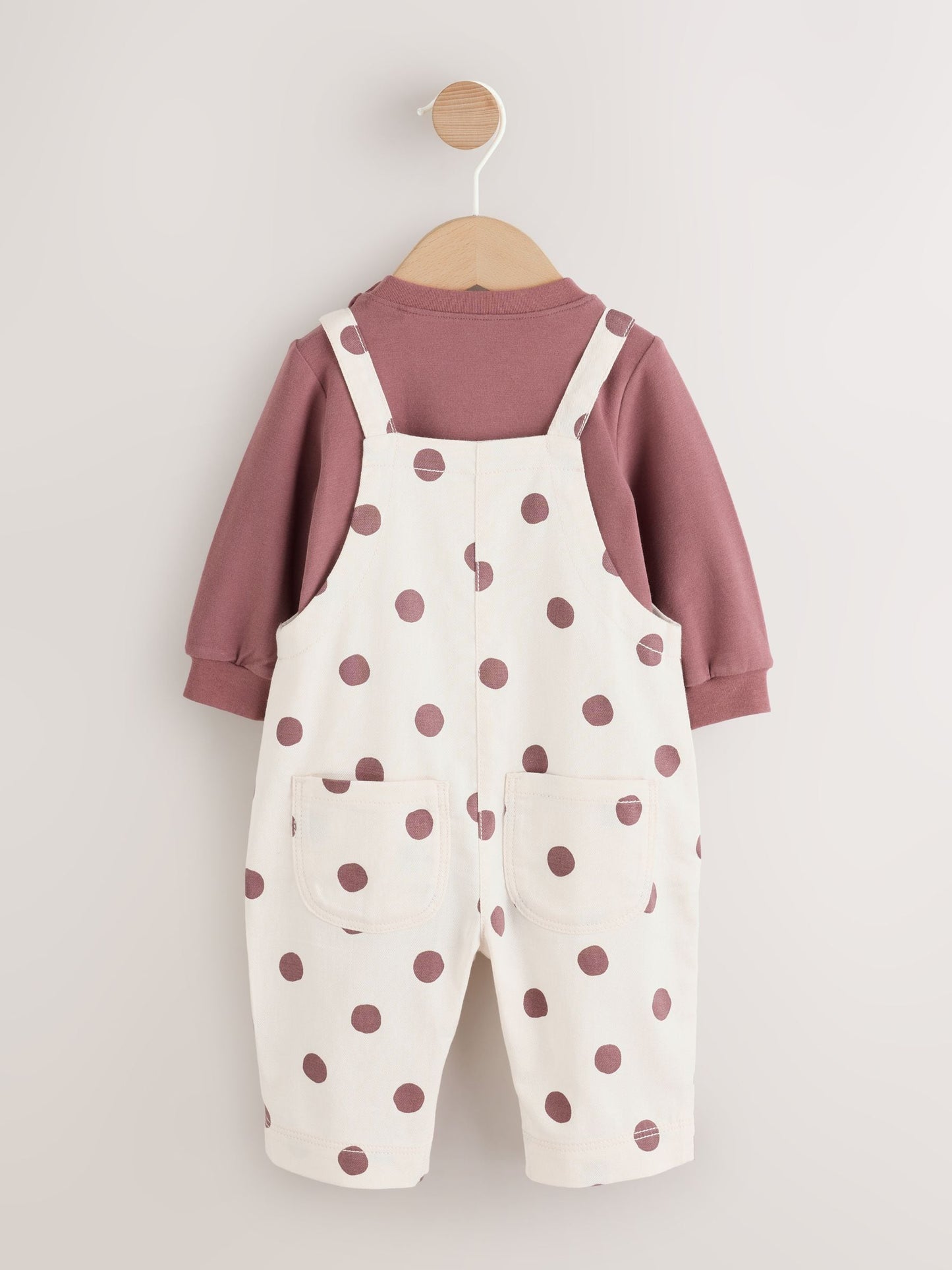 Brown/Cream Spot Baby Long Sleeve Bodysuit And Woven Dungaree 2 Piece Set (0mths-2yrs) image 5