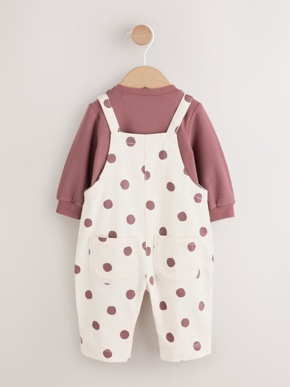 Brown/Cream Spot Baby Long Sleeve Bodysuit And Woven Dungaree 2 Piece Set (0mths-2yrs) image 5