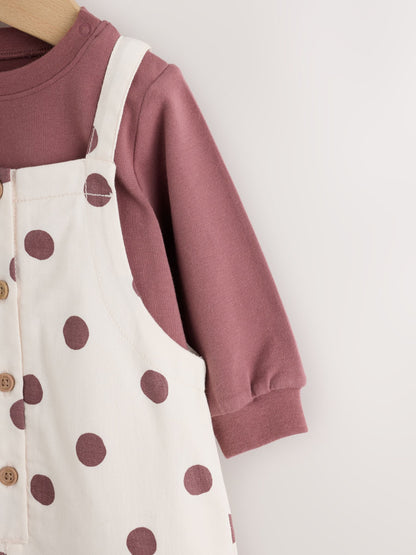 Brown/Cream Spot Baby Long Sleeve Bodysuit And Woven Dungaree 2 Piece Set (0mths-2yrs) image 7