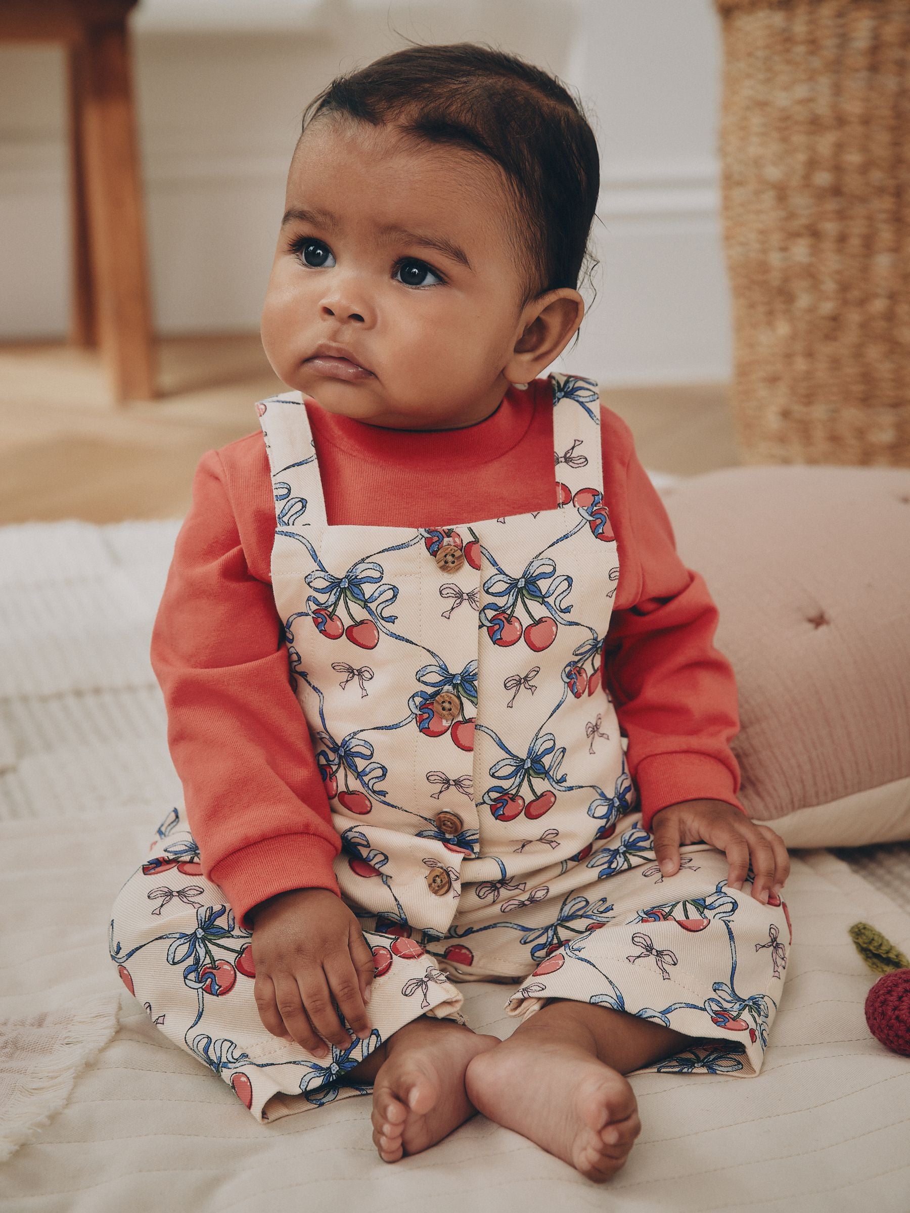 Ecru Cherry Baby Long Sleeve Bodysuit And Woven Dungaree 2 Piece Set (0mths-2yrs) image 1