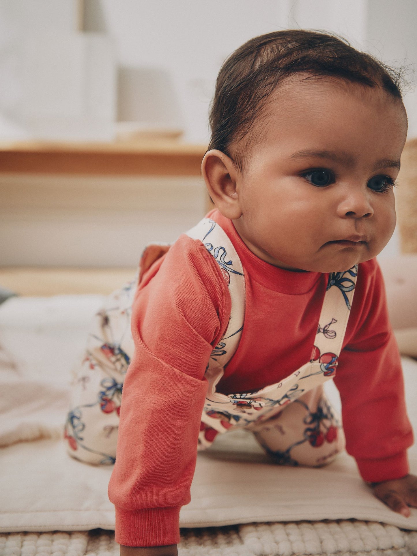 Ecru Cherry Baby Long Sleeve Bodysuit And Woven Dungaree 2 Piece Set (0mths-2yrs) image 2