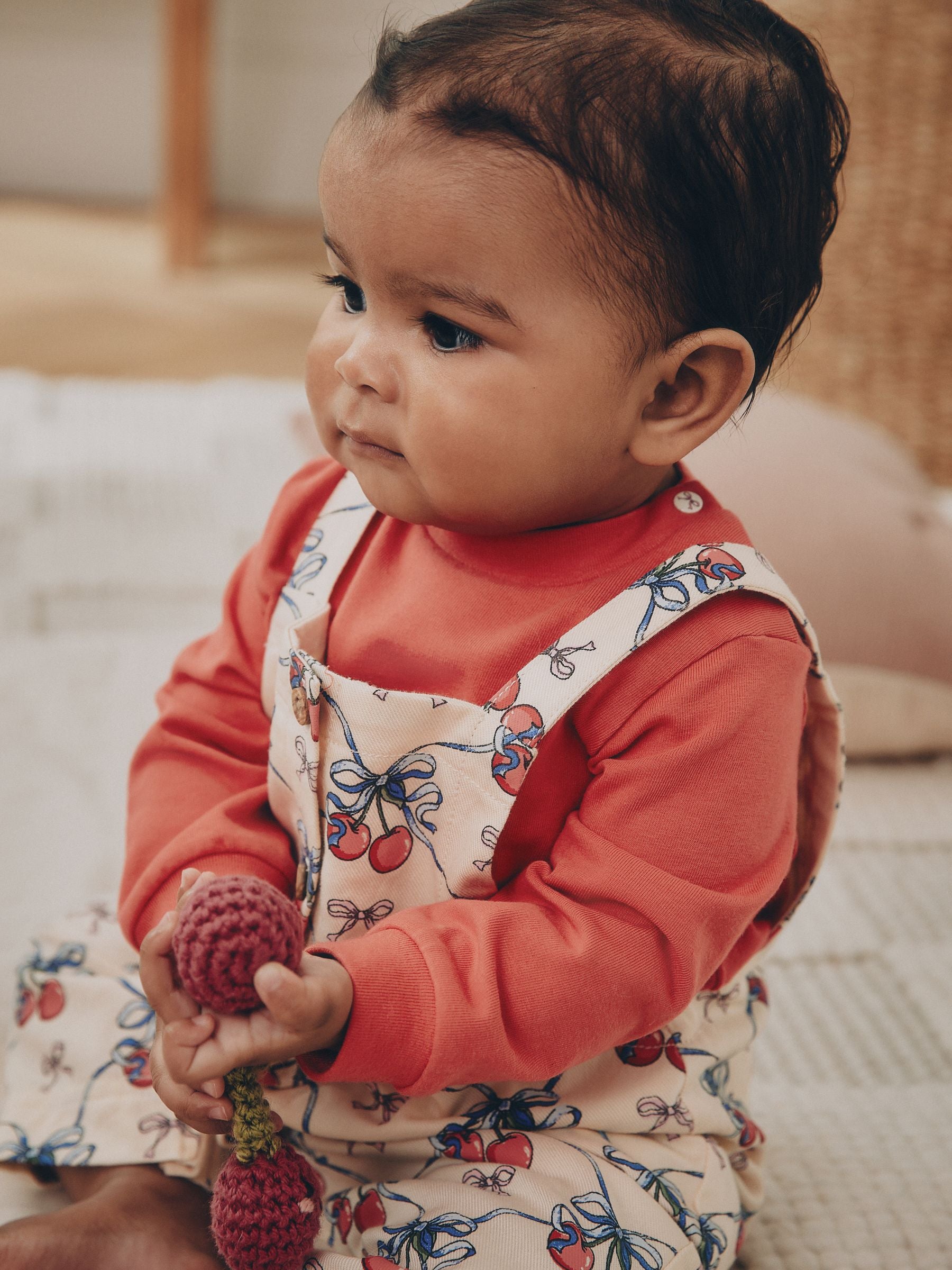 Ecru Cherry Baby Long Sleeve Bodysuit And Woven Dungaree 2 Piece Set (0mths-2yrs) image 3