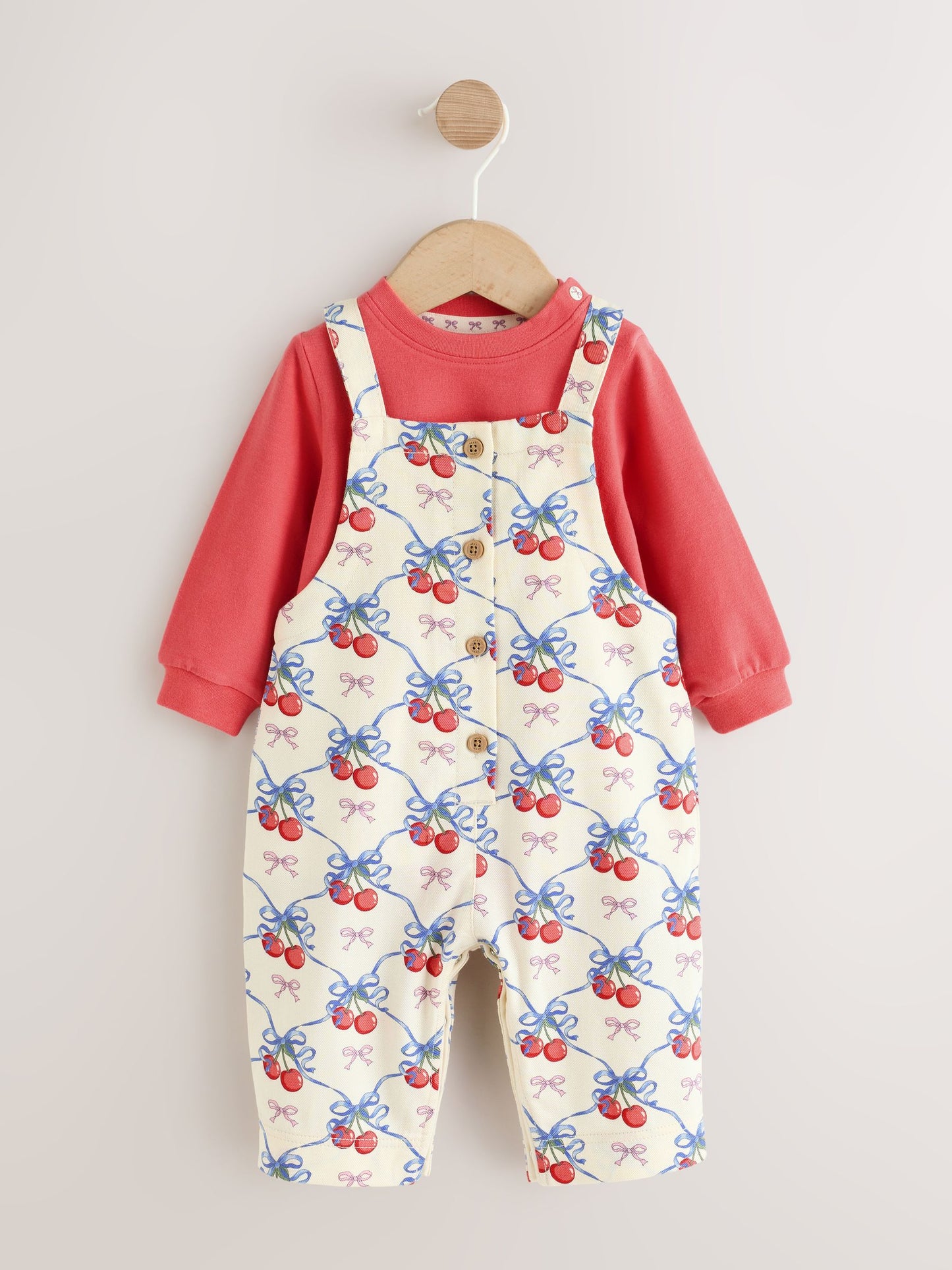 Ecru Cherry Baby Long Sleeve Bodysuit And Woven Dungaree 2 Piece Set (0mths-2yrs) image 4