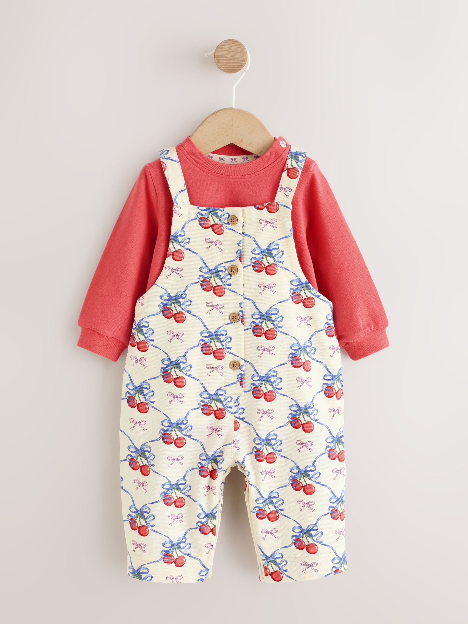 Ecru Cherry Baby Long Sleeve Bodysuit And Woven Dungaree 2 Piece Set (0mths-2yrs) image 4