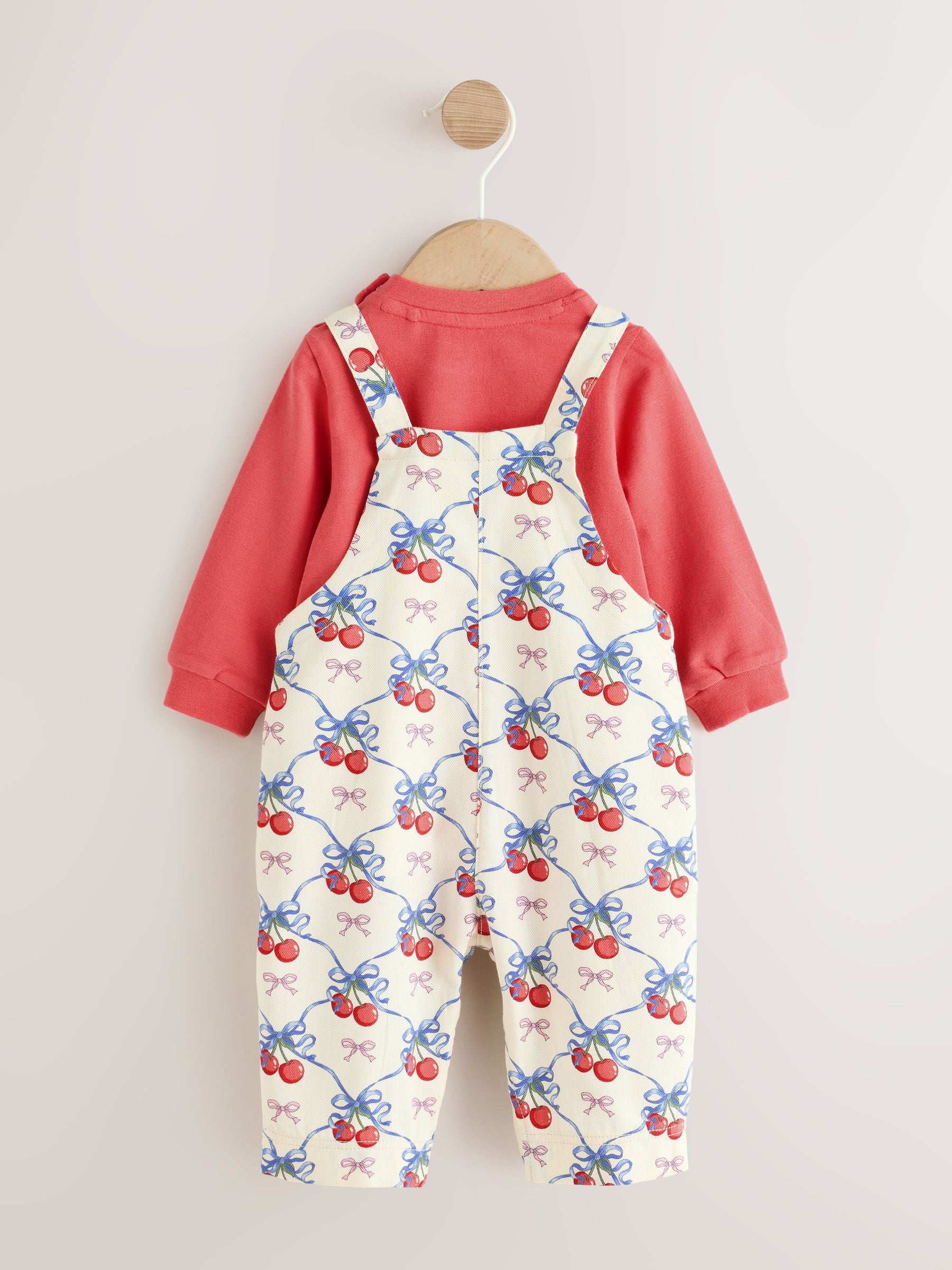 Ecru Cherry Baby Long Sleeve Bodysuit And Woven Dungaree 2 Piece Set (0mths-2yrs) image 5