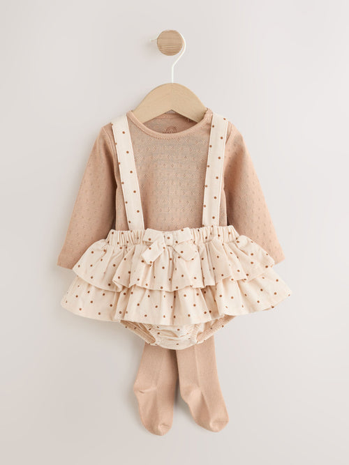 Ecru/Brown Spot Baby Long Sleeve Bodysuit, Bubble Skirt And Tights 3 Piece Set (0mths-2yrs) image 1