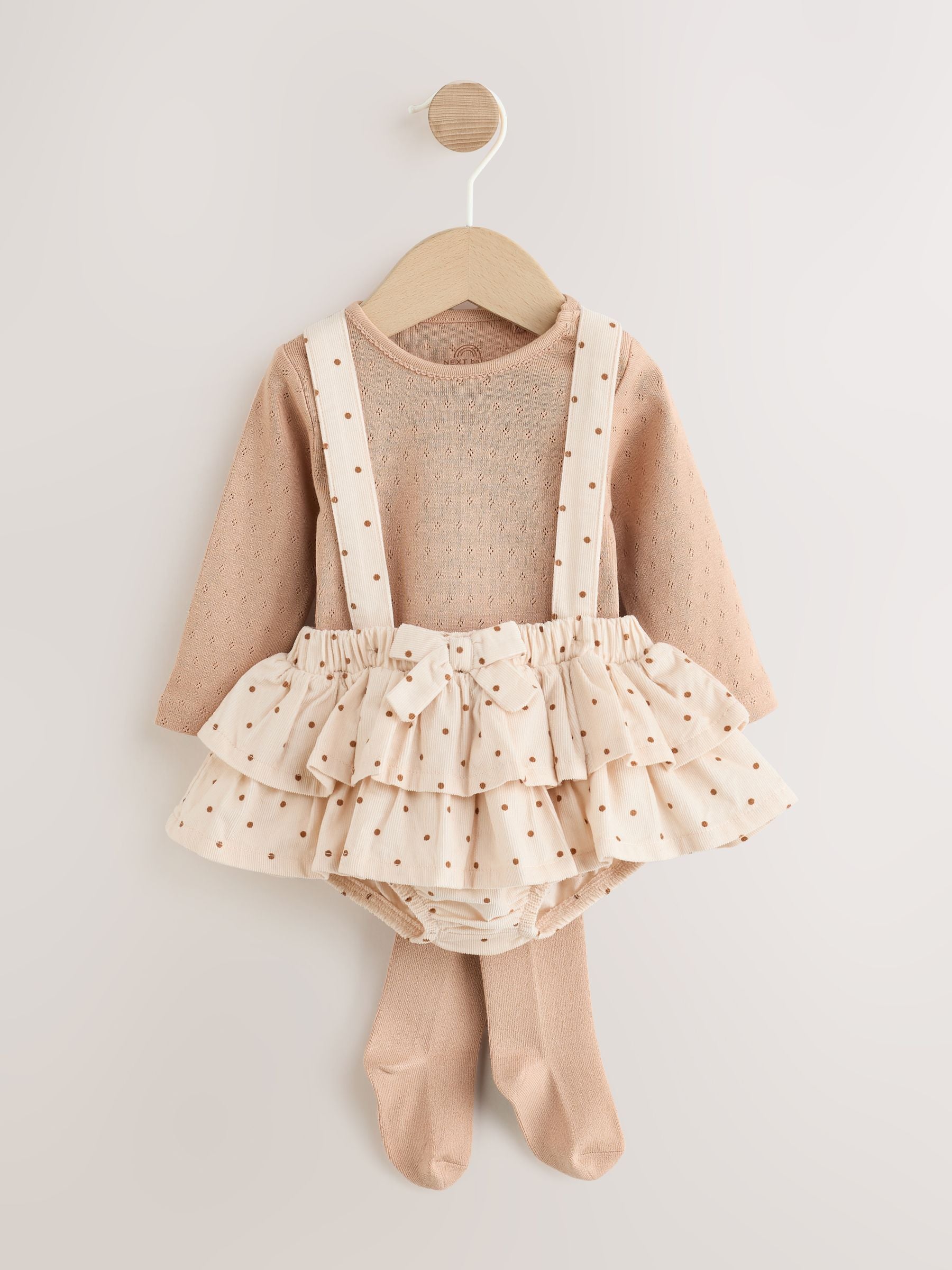 Ecru/Brown Spot Baby Long Sleeve Bodysuit, Bubble Skirt And Tights 3 Piece Set (0mths-2yrs) image 1