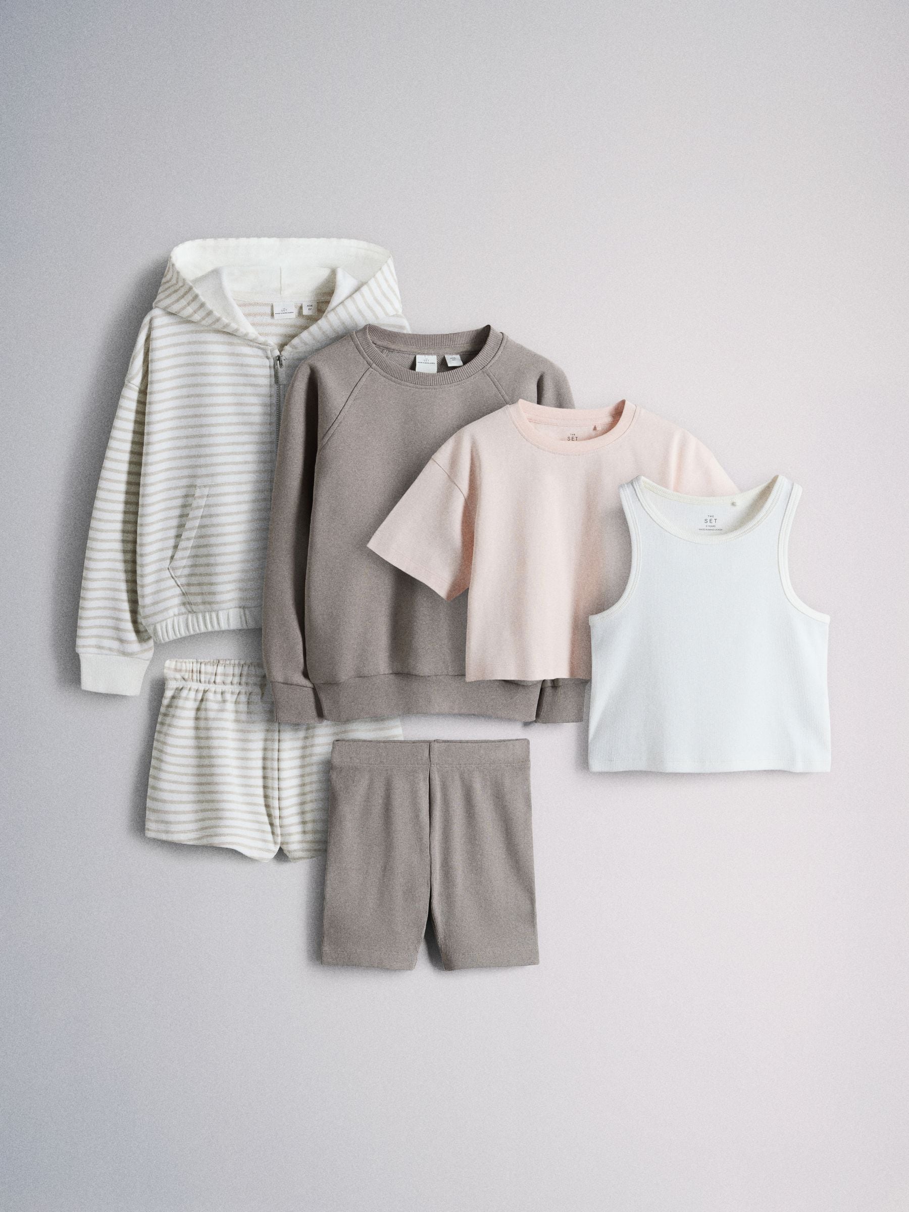 Dsiney Kidz - The Set 6 Piece Jersey Zip Through Hoodie Crew Oversized T-Shirt Short Rib Vest and Cycling Shorts Set Pink/Cream/Brown image 1