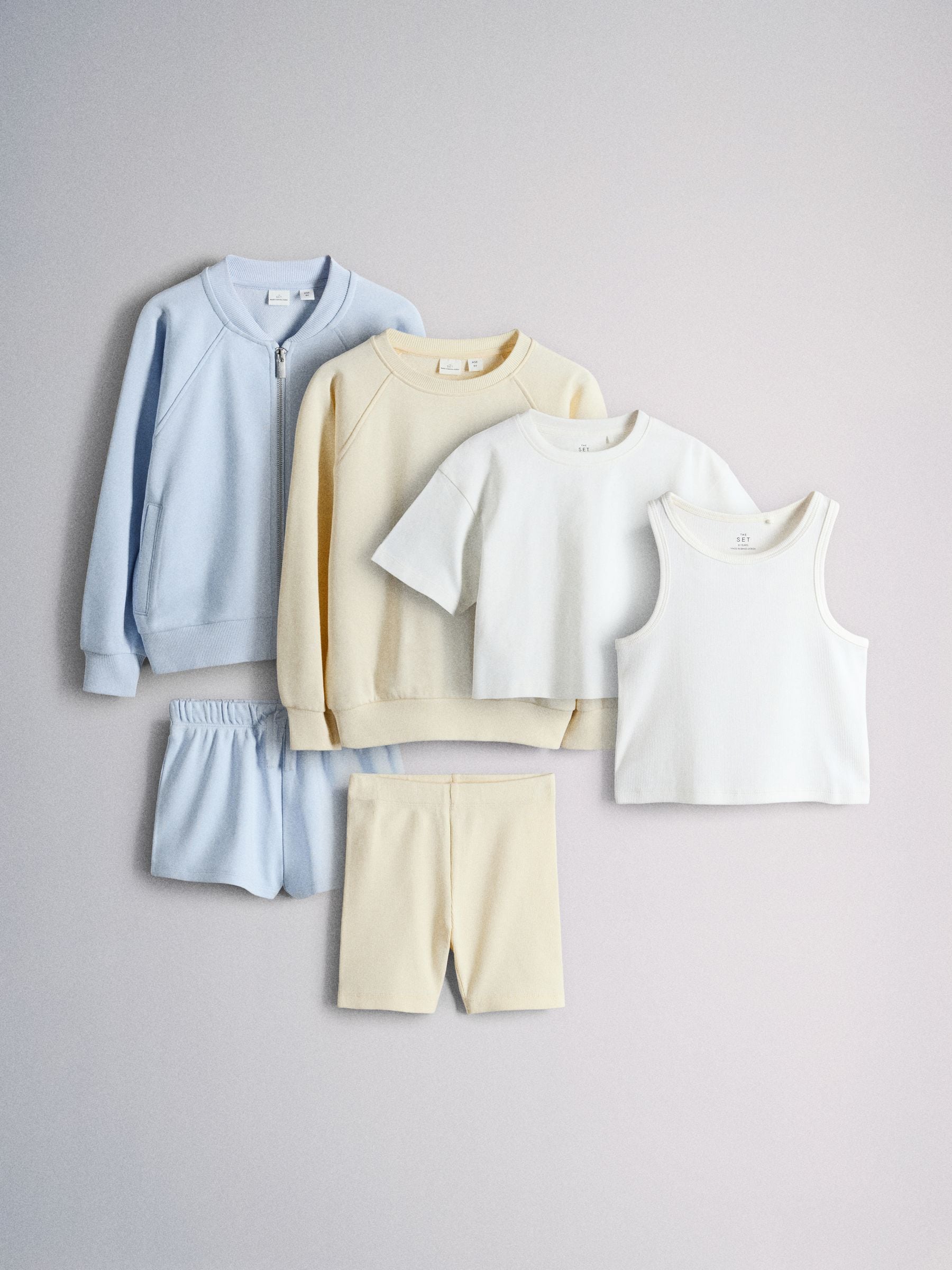 Dsiney Kidz - The Set 6 Piece Jersey Zip Through Bomber Crew Oversized T-Shirt Short Rib Vest and Cycling Shorts Set Blue/Yellow/White image 1