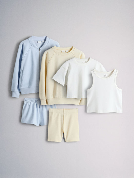 Dsiney Kidz - The Set 6 Piece Jersey Zip Through Bomber Crew Oversized T-Shirt Short Rib Vest and Cycling Shorts Set Blue/Yellow/White image 1