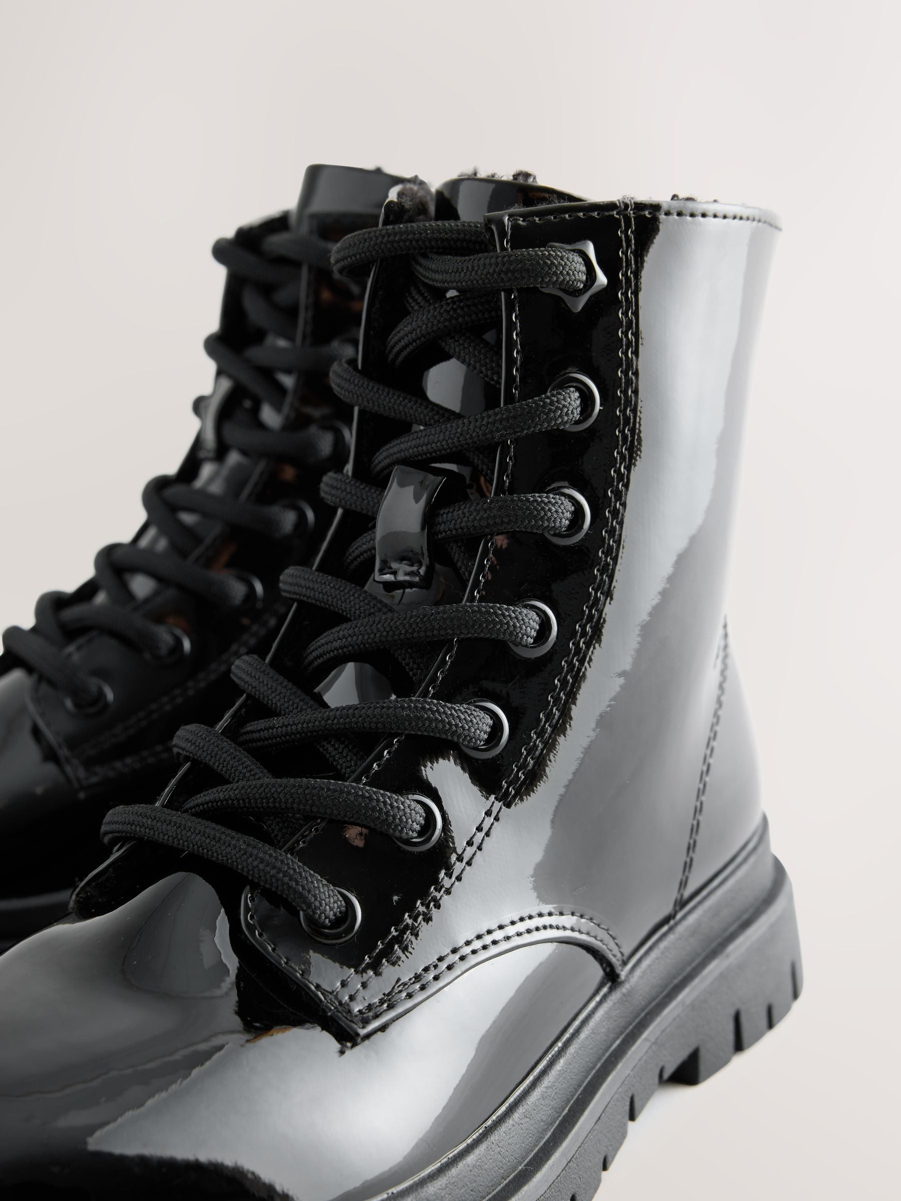 Black Patent Standard Fit (F) Warm Lined Lace-Up Boots image 3