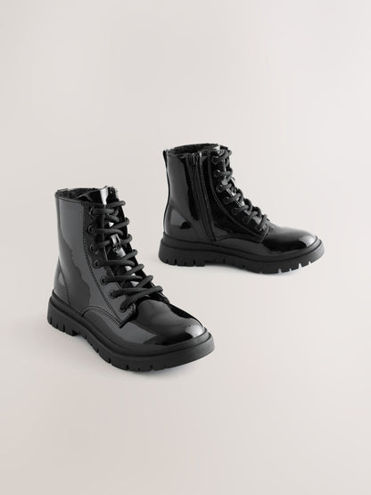 Black Patent Wide Fit (G) Warm Lined Lace-Up Boots image 1