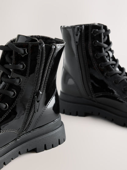 Black Patent Wide Fit (G) Warm Lined Lace-Up Boots image 4