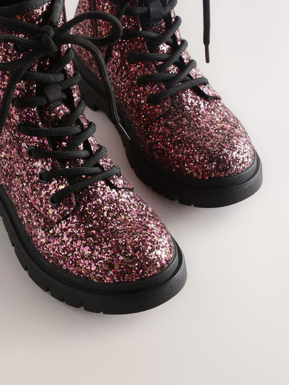Pink Glitter Wide Fit (G) Warm Lined Lace-Up Boots image 4