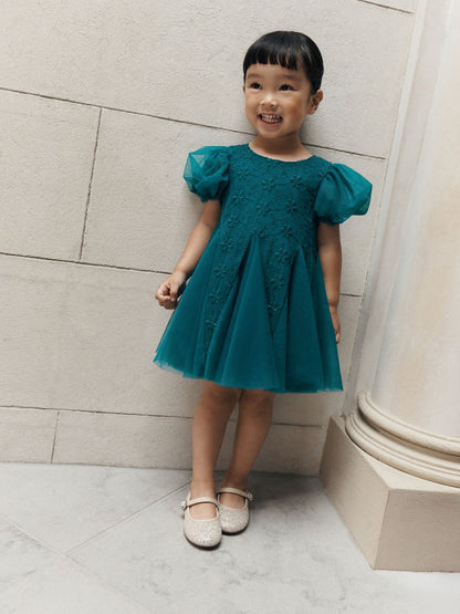 Teal Blue 3D Flower Godet Occasion Dress (3mths-8yrs) - image 1