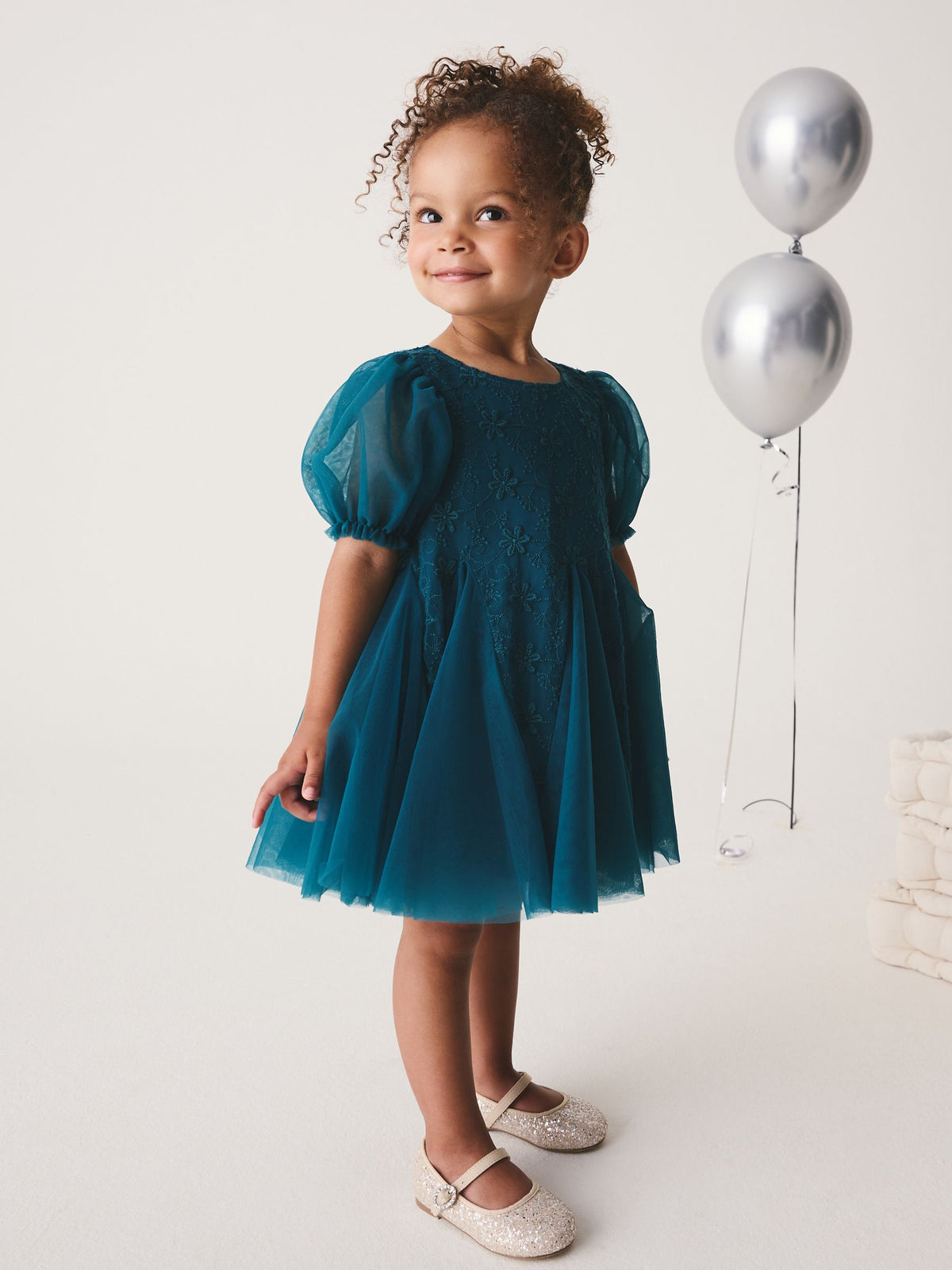 Teal Blue 3D Flower Godet Occasion Dress (3mths-8yrs) - image 2